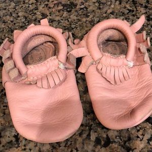 Well loved pink Freshly Picked Moccasins